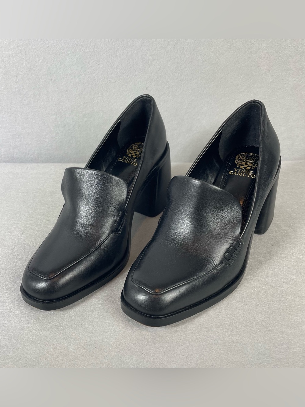Vince Camuto Celsi Black Leather Block Heels Womans 6M